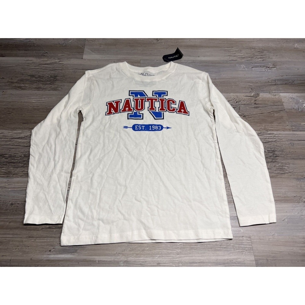 Nautica Long Sleeve T-shirt White Youth Boys M Spell Out Logo NWT